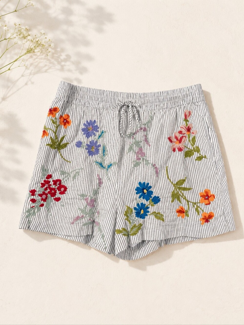 Johnny Was Blue and White Striped High-Waist Floral Embroidered Shorts